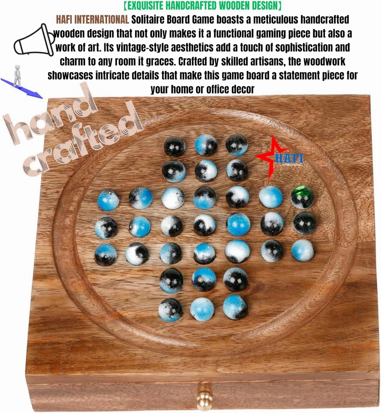 Wooden Solitaire Box with Marbles and Drawer – Handcrafted Classic Puzzle Game with Storage, Premium Wooden Board for Adults & Kids, or Home Decor (3D-Marble)