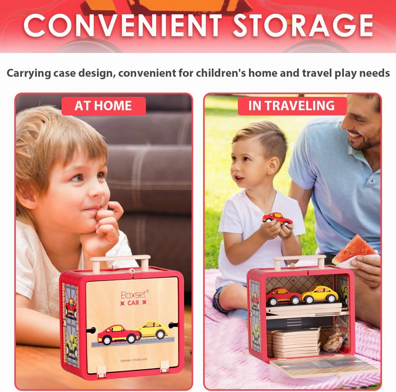 Wooden Toy Car Set for Toddlers, Car Track and Parking Garage Playset, Toy Vehivle Set with Blocks Storage Box for Kids Boys and Girls