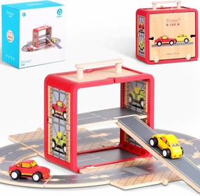 Wooden Toy Car Set for Toddlers, Car Track and Parking Garage Playset, Toy Vehivle Set with Blocks Storage Box for Kids Boys and Girls