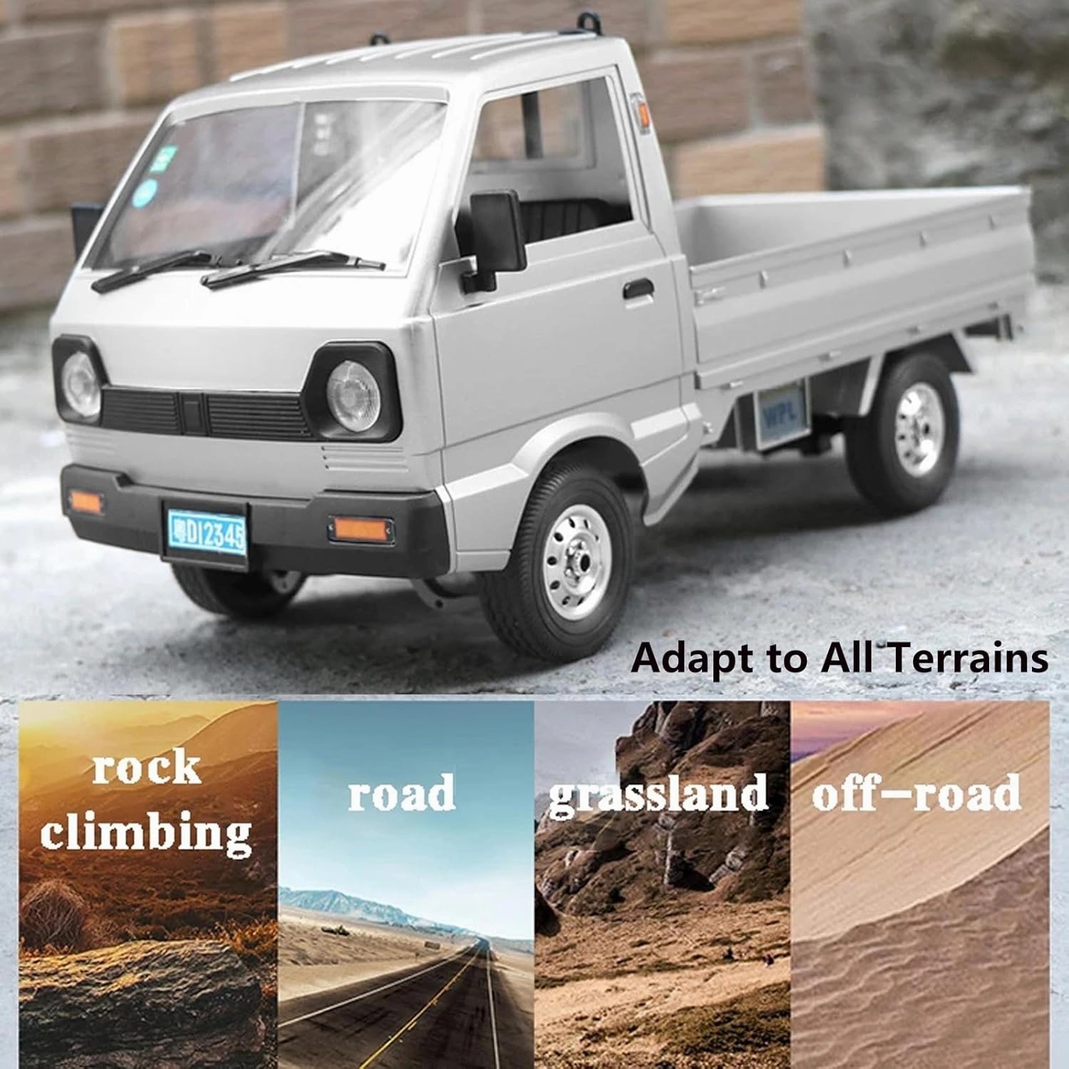 WPL D12 RC Kei Truck, 1:10 Scale Remote Control Drift Car, 2.4GHz All Terrain Off Road Pickup Truck Crawler with Brushed Motor, LED Headlights, 2 Batteries RTR for Adults (Silver)