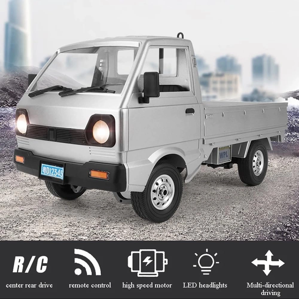 WPL D12 RC Kei Truck, 1:10 Scale Remote Control Drift Car, 2.4GHz All Terrain Off Road Pickup Truck Crawler with Brushed Motor, LED Headlights, 2 Batteries RTR for Adults (Silver)