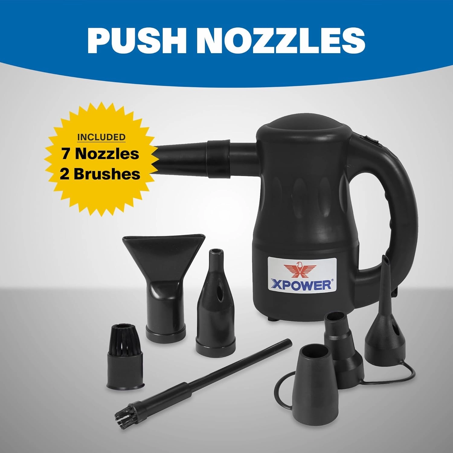 XPOWER A-2 Airrow Pro Electric Air Duster for Dusting, Drying, Inflating, Car Detailing, Computer, Leaf Blowing, 90 CFM, 7 Nozzles 2 Brushes, High Performance Motor, Eco-Friendly, Jet Black