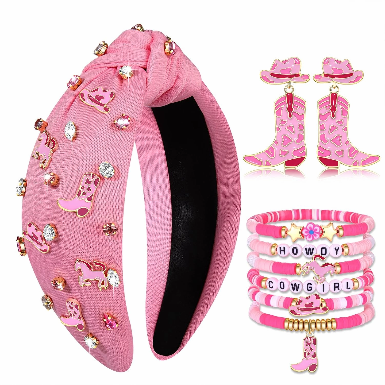 YAHPERN Western Accessories for Women Cowgirl Boot Hat Horse Knotted Headband Heishi Beaded Bracelets Boot Dangle Earrings Western Country Concert Outfits (Pattern B)