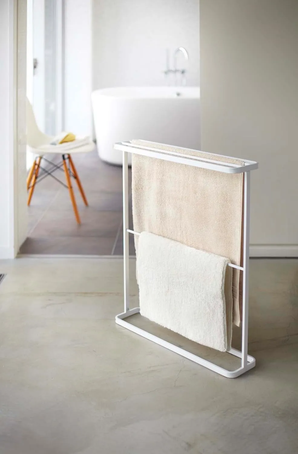 Yamazaki Home Bath Towel Hanger - Bathroom Organizer Storage Holder Dry Rack Steel One Size White