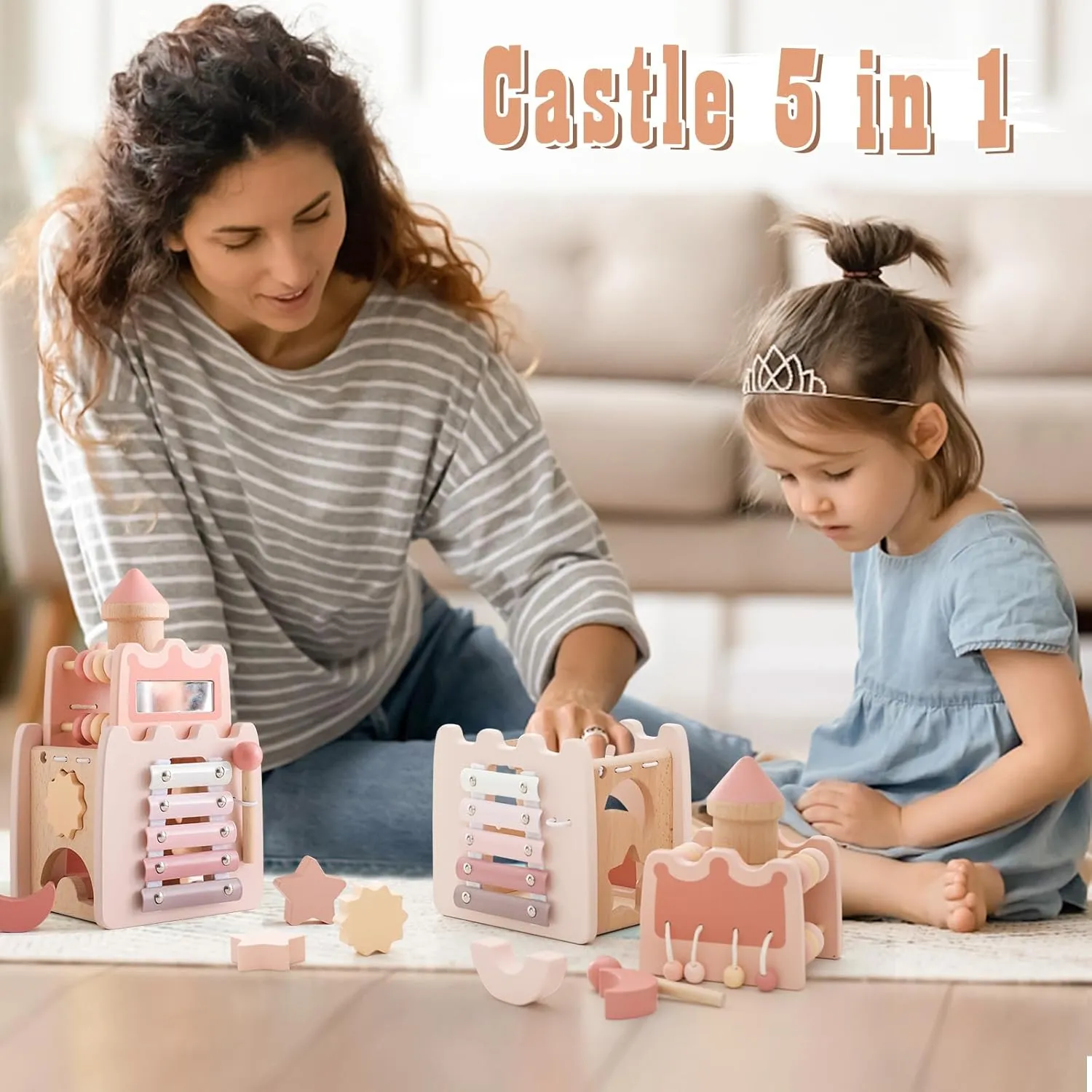 Youuys Wooden Activity Cube 9-in-1 Montessori Toys for 3  Year Old Boys & Girls, Multipurpose Educational Sensory Learning Toys for Baby Toddlers with Mirror, First Birthday Gift (Castle)