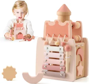 Youuys Wooden Activity Cube 9-in-1 Montessori Toys for 3  Year Old Boys & Girls, Multipurpose Educational Sensory Learning Toys for Baby Toddlers with Mirror, First Birthday Gift (Castle)