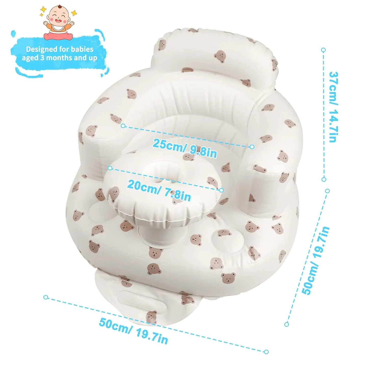 Zenflux Inflatable Baby Chairs with Tray for Babies 3 Months and Up, Sit Me Up Floor Seats for Sitting Up, Built in Air Pump Baby Seats for Kids, Blow Up Baby Chair with Back Support - Cute Bear