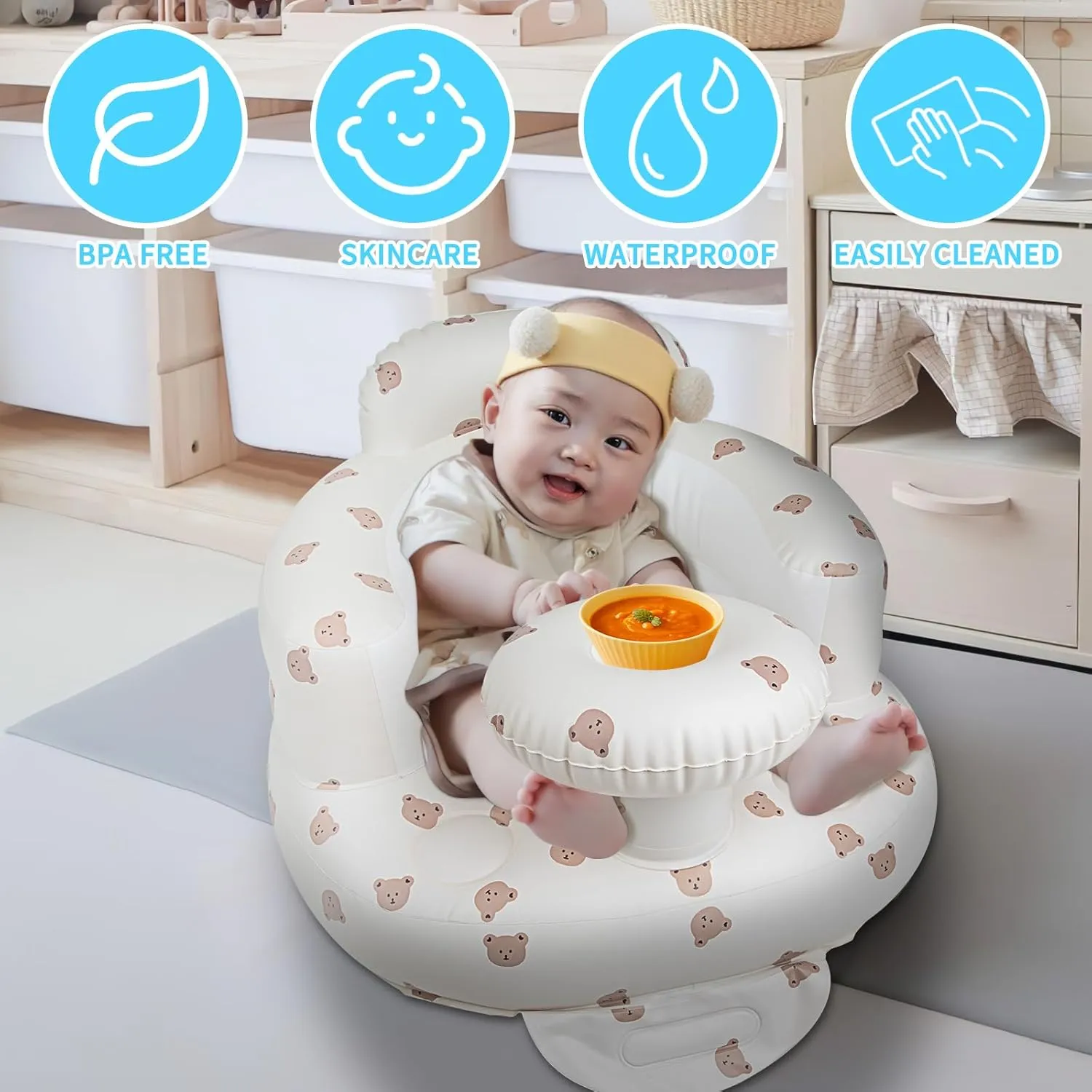 Zenflux Inflatable Baby Chairs with Tray for Babies 3 Months and Up, Sit Me Up Floor Seats for Sitting Up, Built in Air Pump Baby Seats for Kids, Blow Up Baby Chair with Back Support - Cute Bear