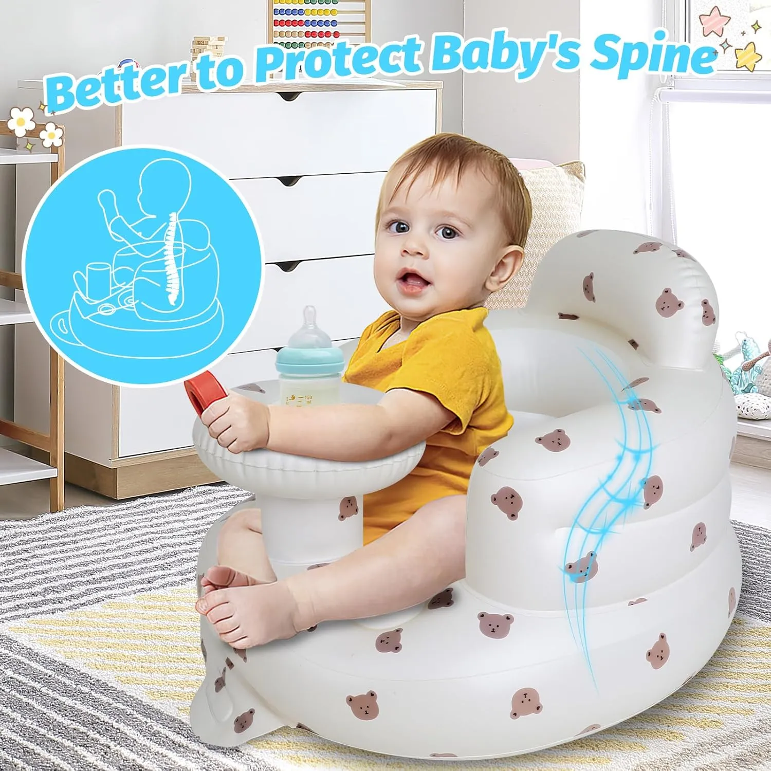 Zenflux Inflatable Baby Chairs with Tray for Babies 3 Months and Up, Sit Me Up Floor Seats for Sitting Up, Built in Air Pump Baby Seats for Kids, Blow Up Baby Chair with Back Support - Cute Bear