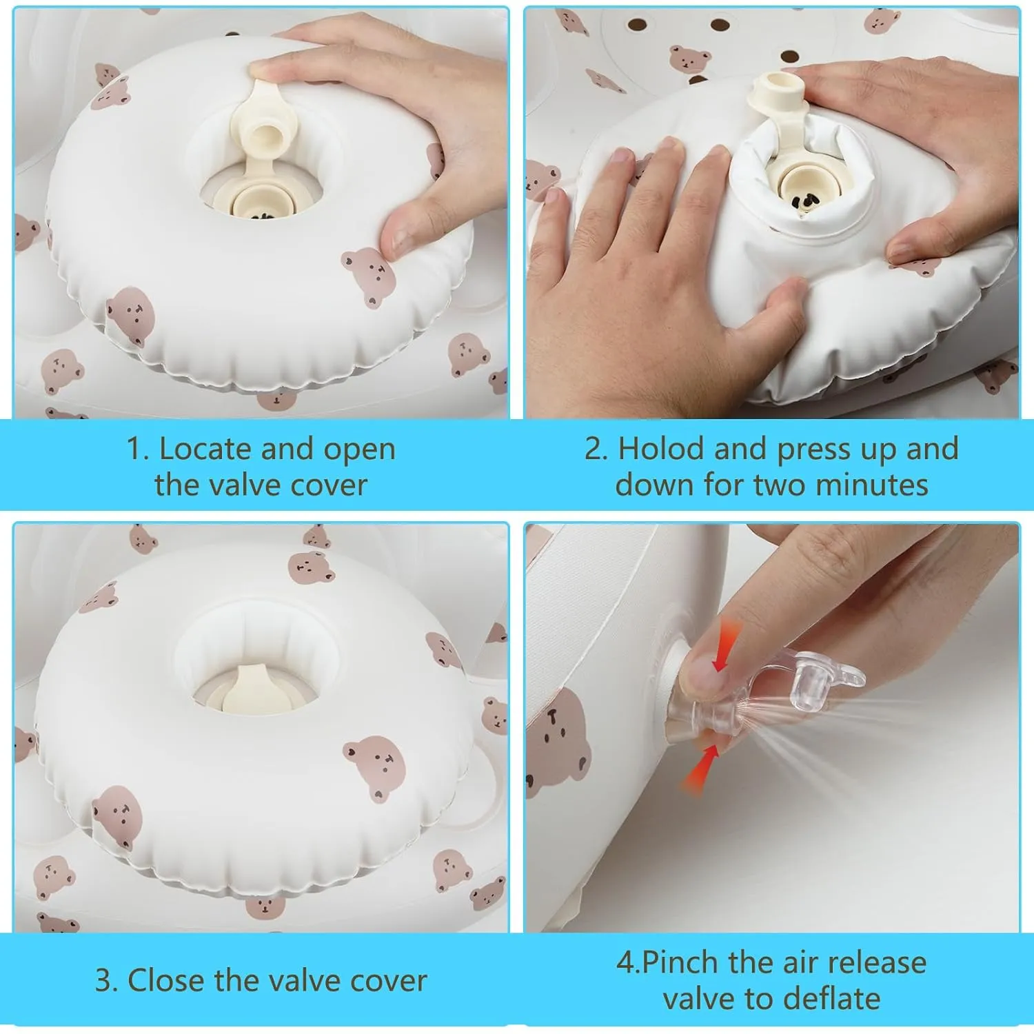 Zenflux Inflatable Baby Chairs with Tray for Babies 3 Months and Up, Sit Me Up Floor Seats for Sitting Up, Built in Air Pump Baby Seats for Kids, Blow Up Baby Chair with Back Support - Cute Bear